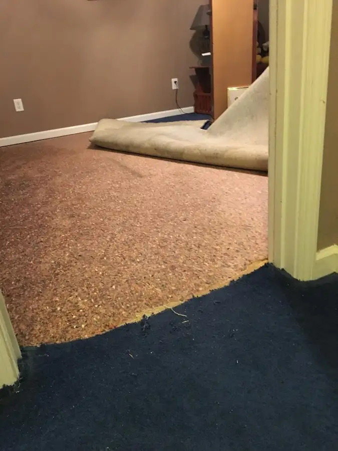 Carpet pad removal revealing water damage during Water Mitigation Services in Mountain House